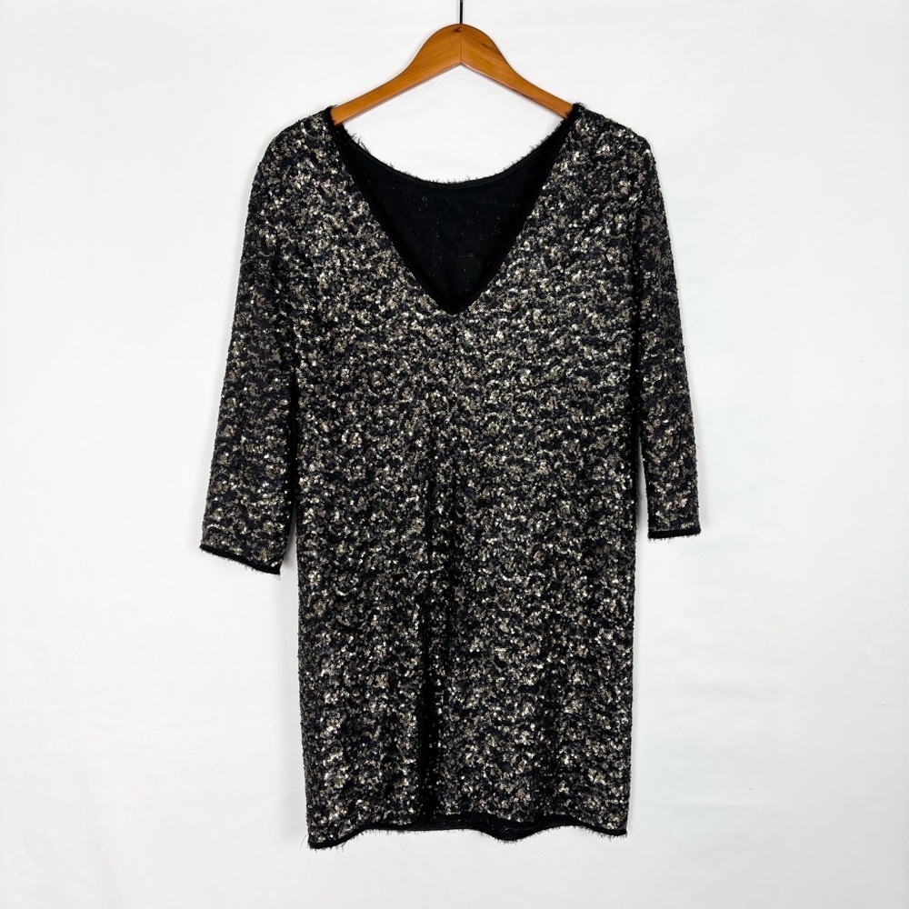 Zadig and Voltaire Rousse Sequin Deluxe Mini Dress 3/4 Sleeve Black‎ Gold Size M - Picture 3 of 7